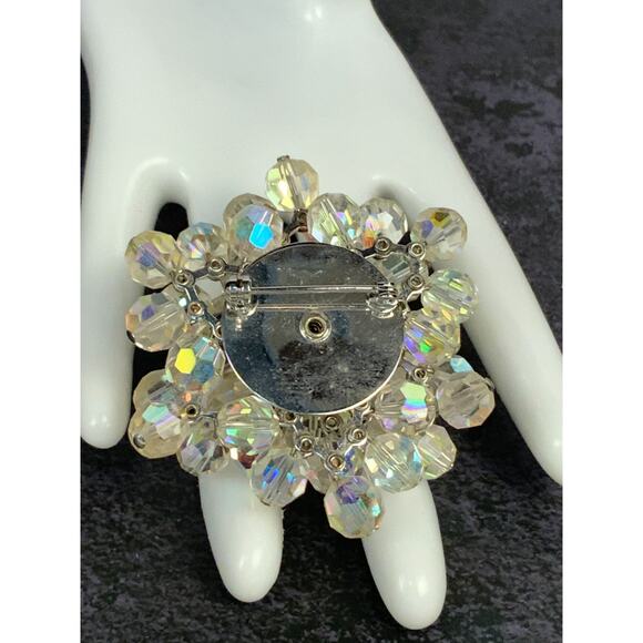 Aurora Borealis Crystal Beaded Brooch Super Charming Silver Tone Frame Vintage - Picture 7 of 9